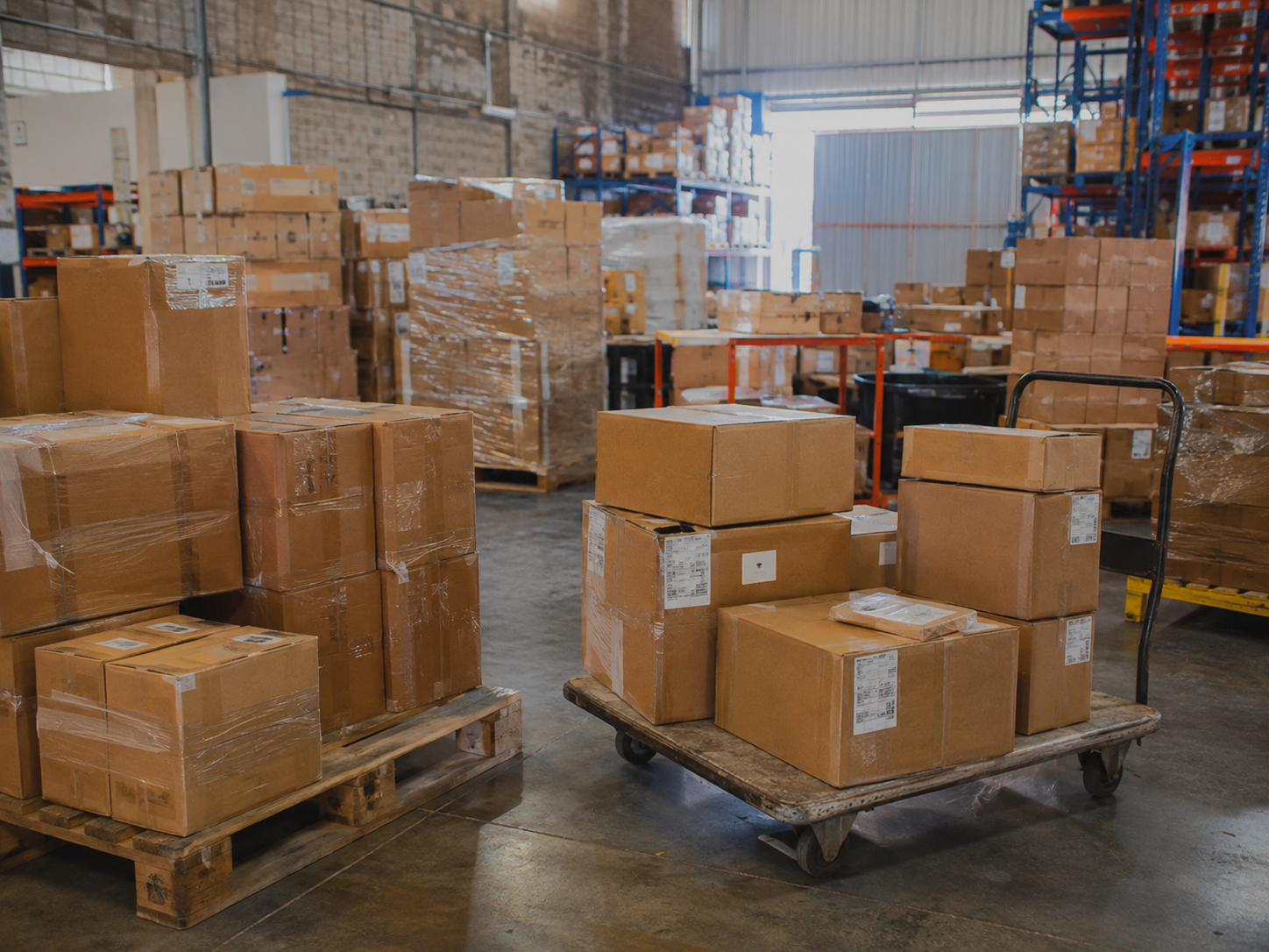 Paquetes preparados para distribución dentro de un almacén
