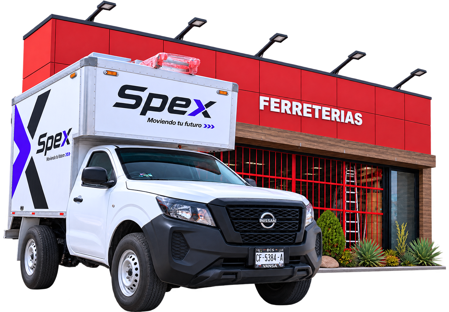 Camioneta SPEX realizando una entrega frente a una ferretería